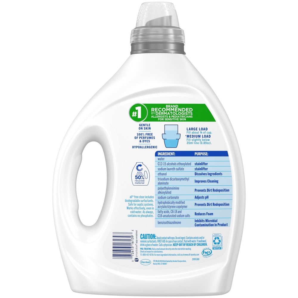All Free Clear OXI 90-load bottle shows long-lasting detergent for sensitive laundry.
