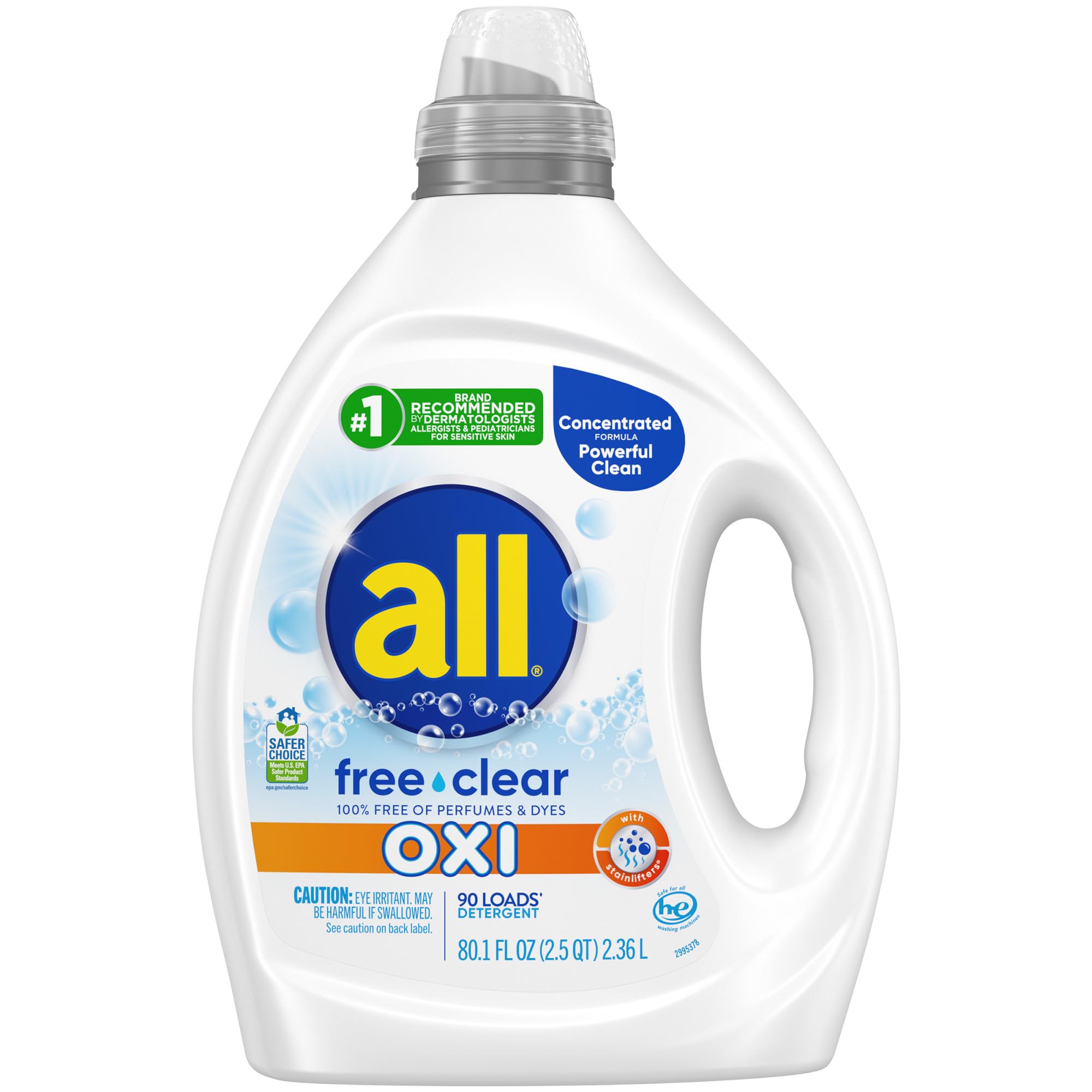 All Free Clear OXI bottle front showing gentle stain-fighting power for sensitive skin.