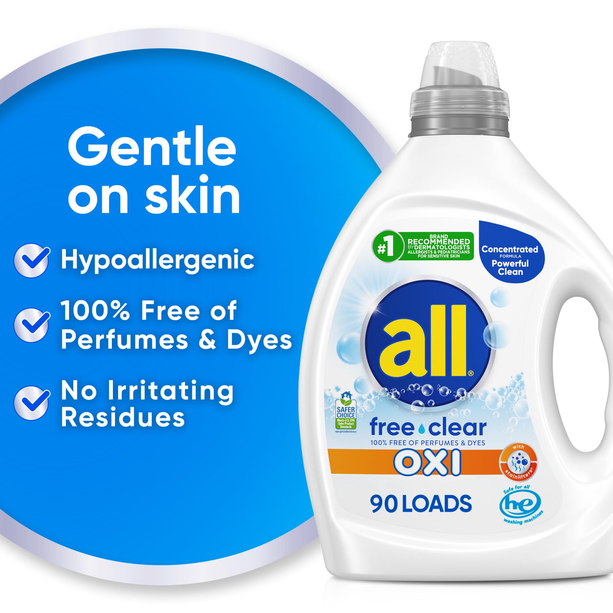 All Free Clear OXI bottle pour illustrating 2X concentrated formula for fewer washes.