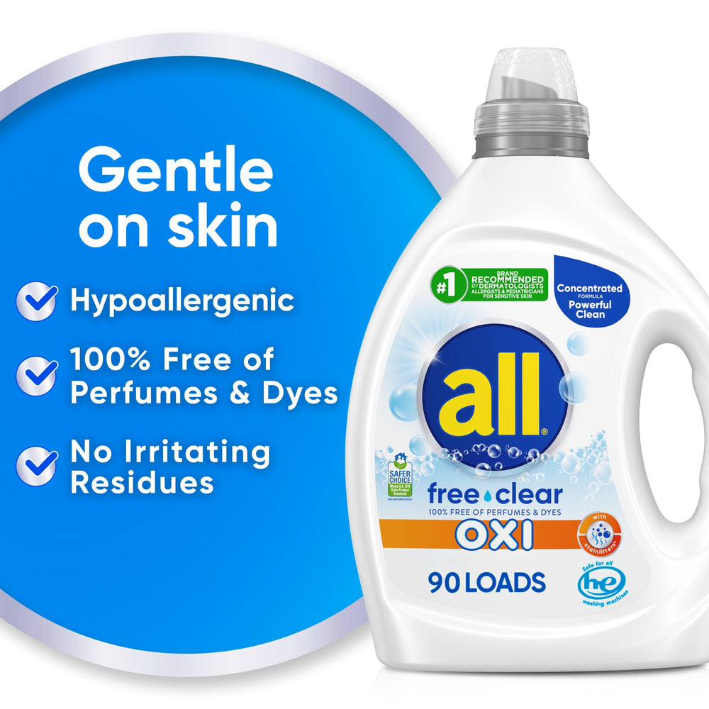 All Free Clear OXI bottle pour illustrating 2X concentrated formula for fewer washes.