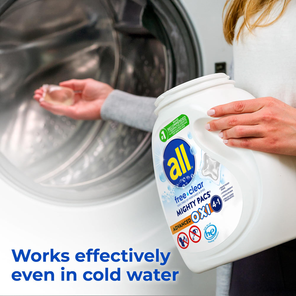All Free Clear OXI Mighty Pacs dissolving in cold water for easy washing