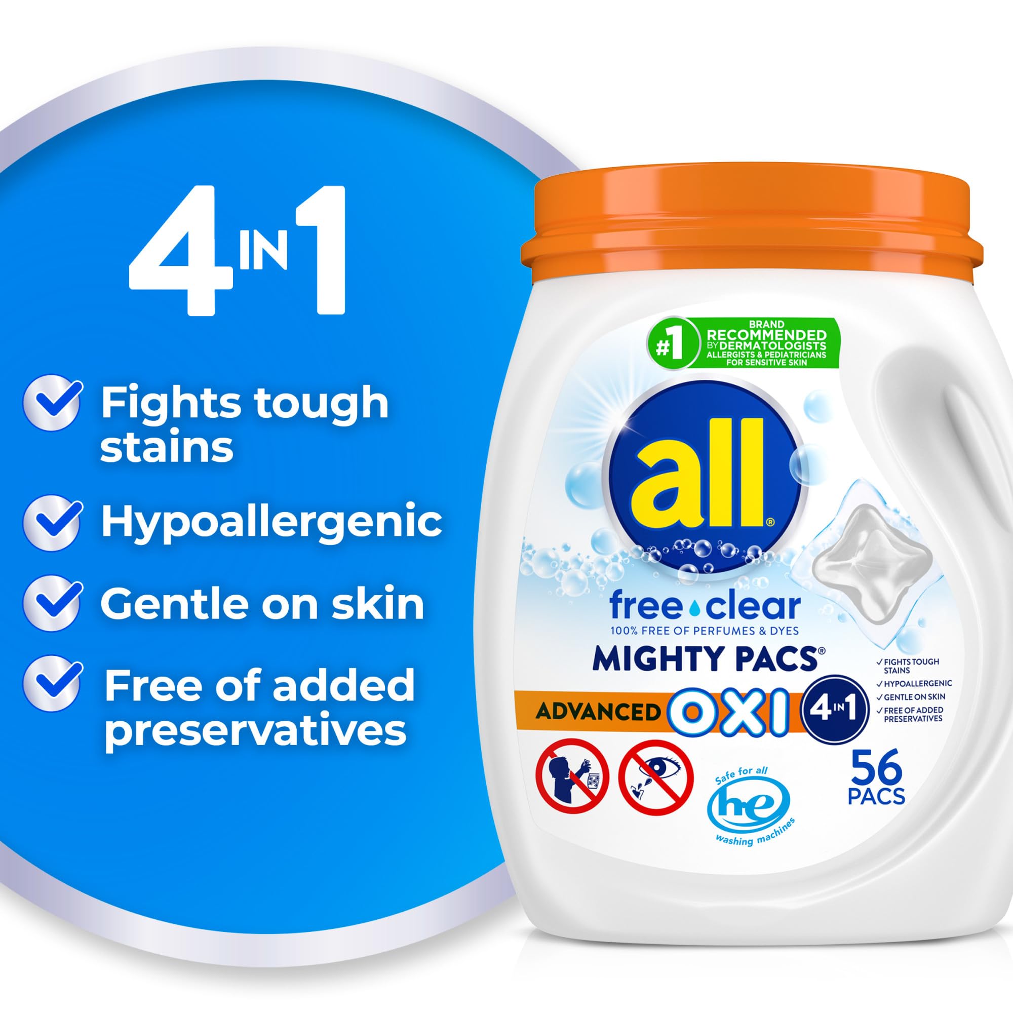All Free Clear OXI Mighty Pacs pack-dispensing demonstrating mess-free dosing