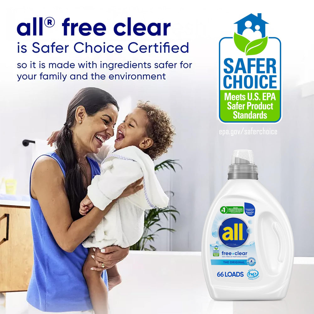All Free Clear Safer Choice label close-up signals eco-conscious, safer option.