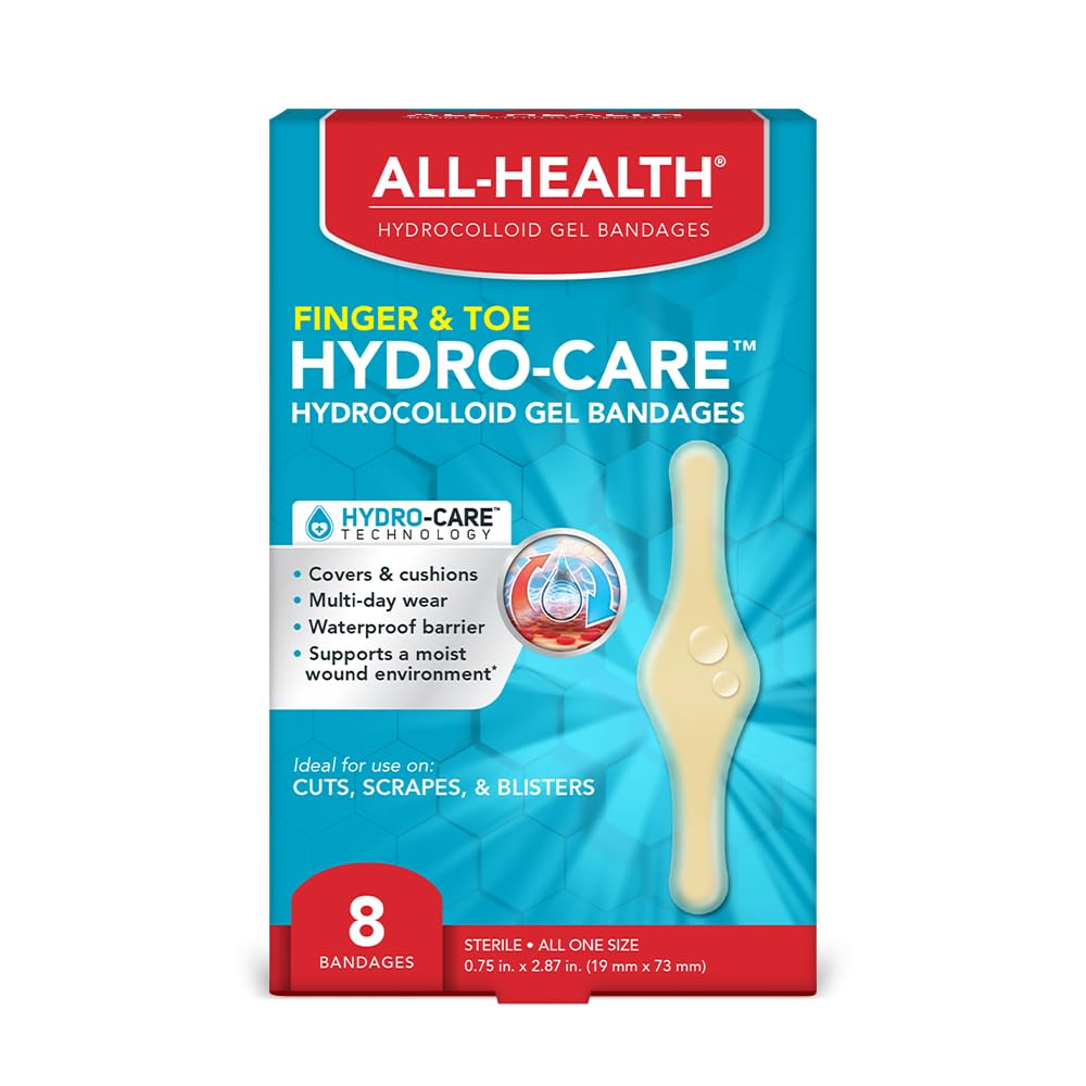 All Health hydrocolloid gel bandage on finger provides cushioning and daily protection.