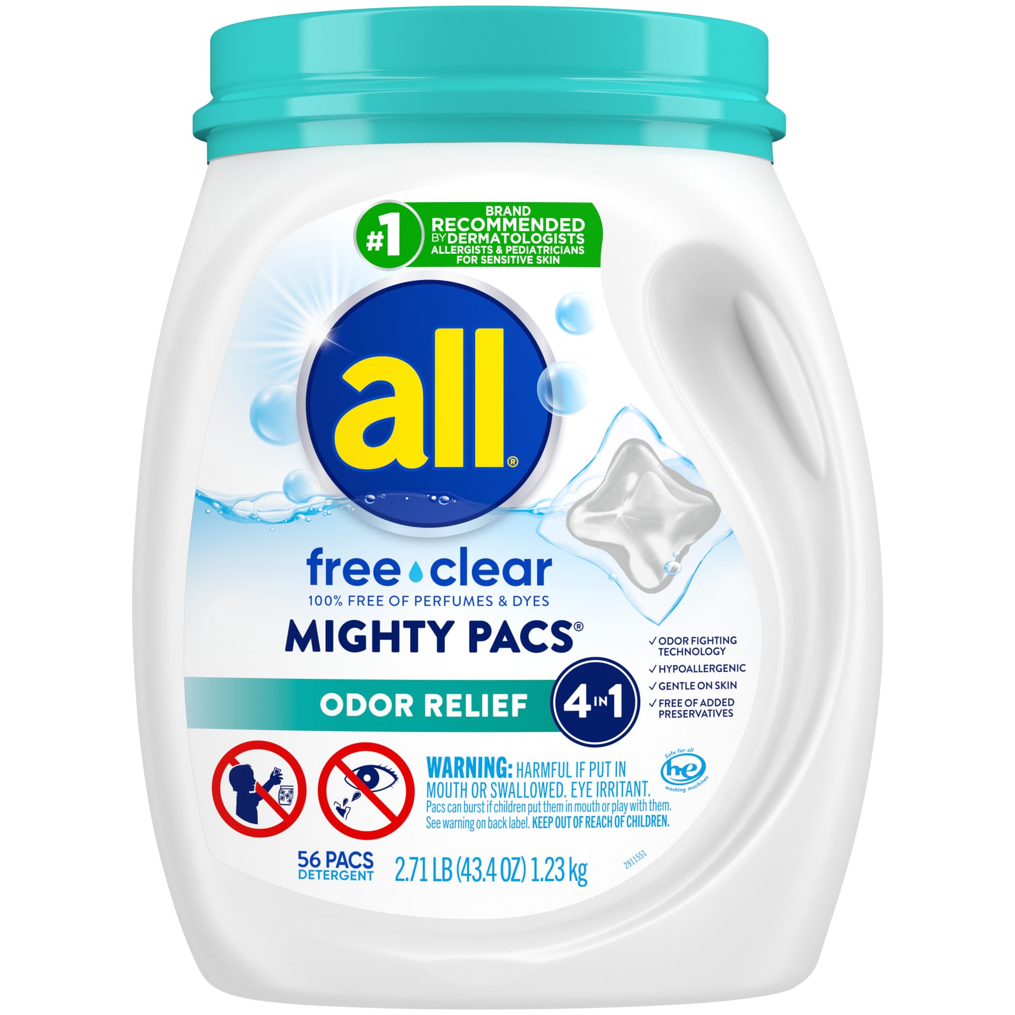 All Mighty Pacs tub front showing the convenient single dose detergent for sensitive skin