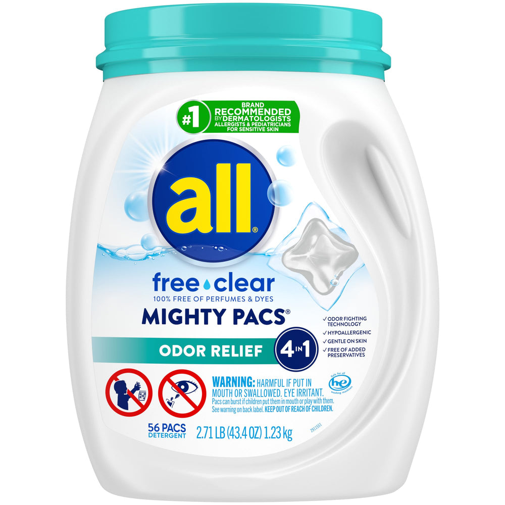 All Mighty Pacs tub front showing the convenient single dose detergent for sensitive skin