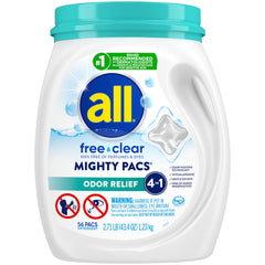 All Mighty Pacs tub front showing the convenient single dose detergent for sensitive skin