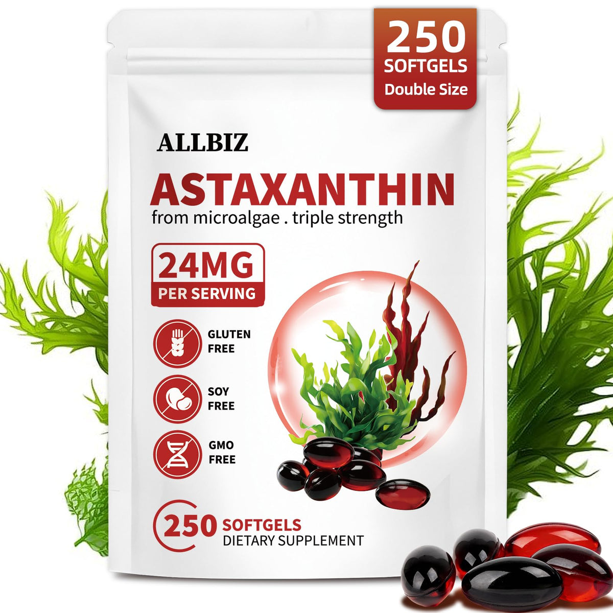 ALLBIZ Astaxanthin 24mg bottle for daily antioxidant support.