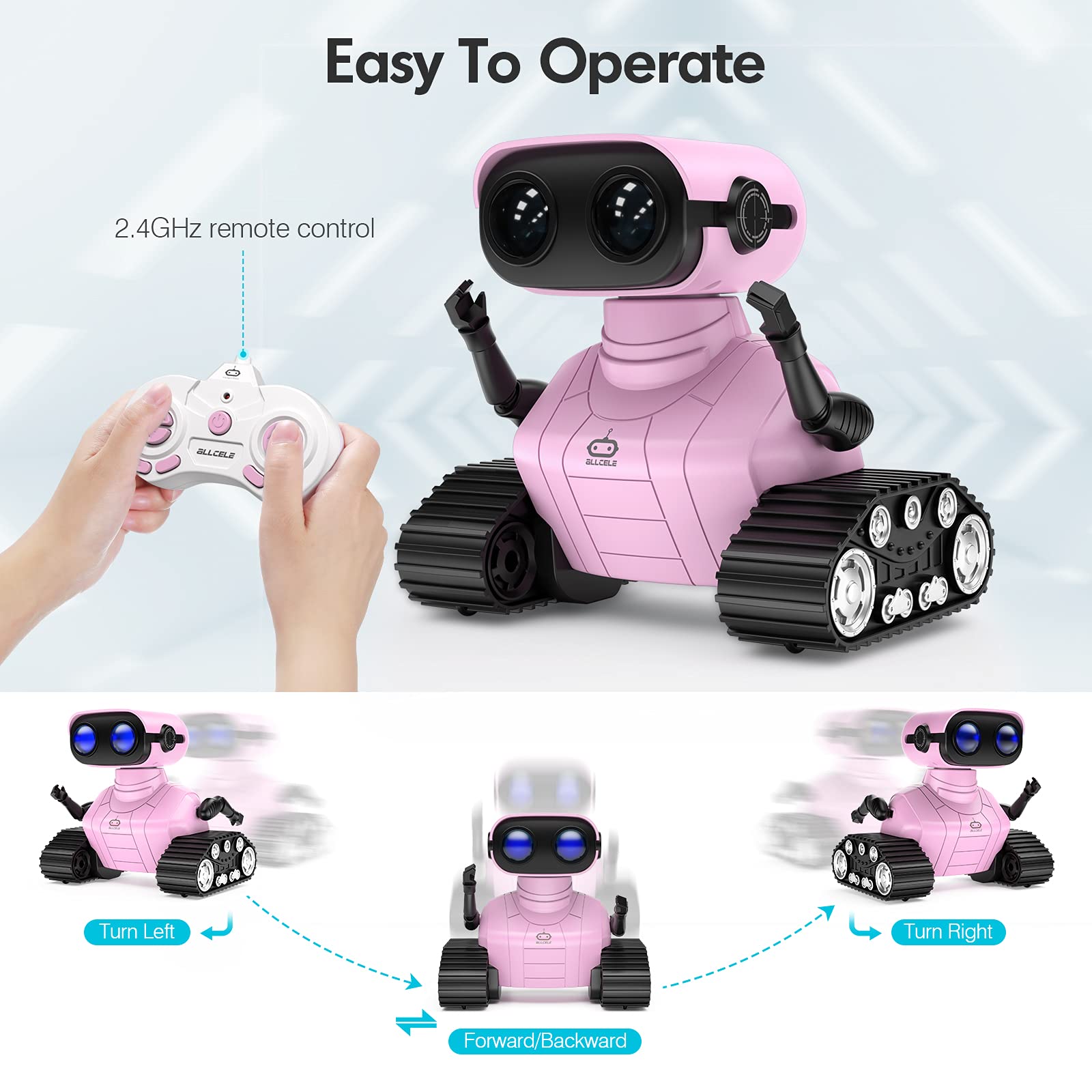 ALLCELE RC robot pink LED eyes illuminate during interactive play.