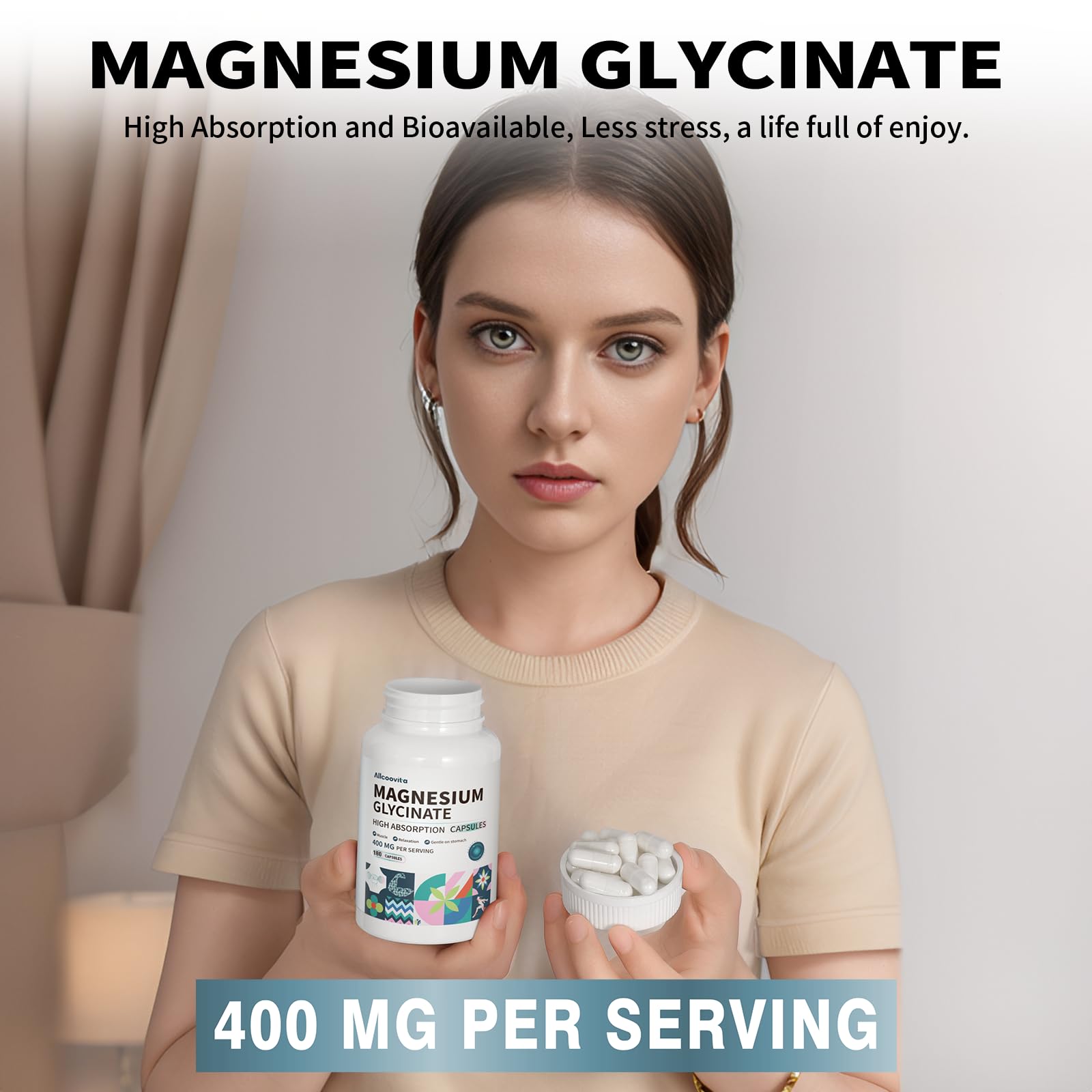 Pouring capsules from the bottle suggests easy daily supplementation.