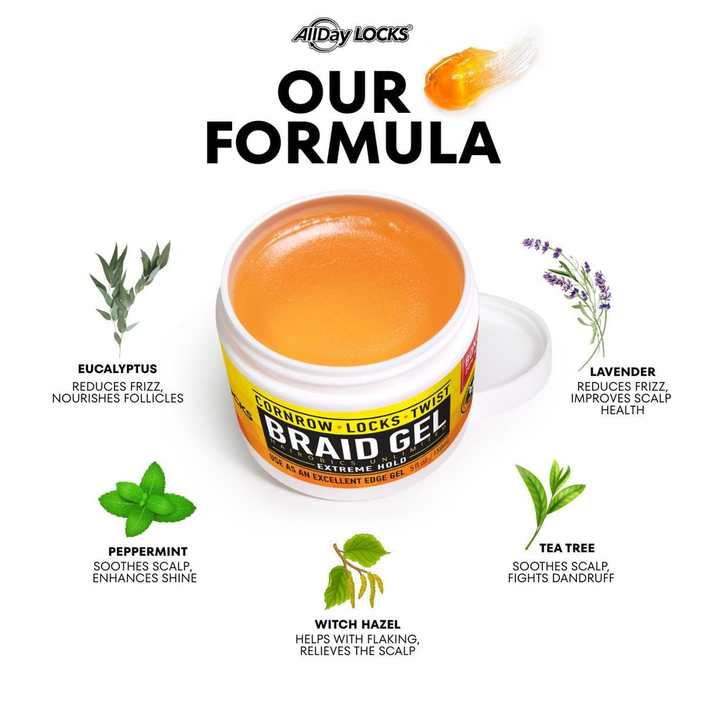 AllDay Locks Braid Gel Extreme Hold jar packaging communicates 15 oz size
