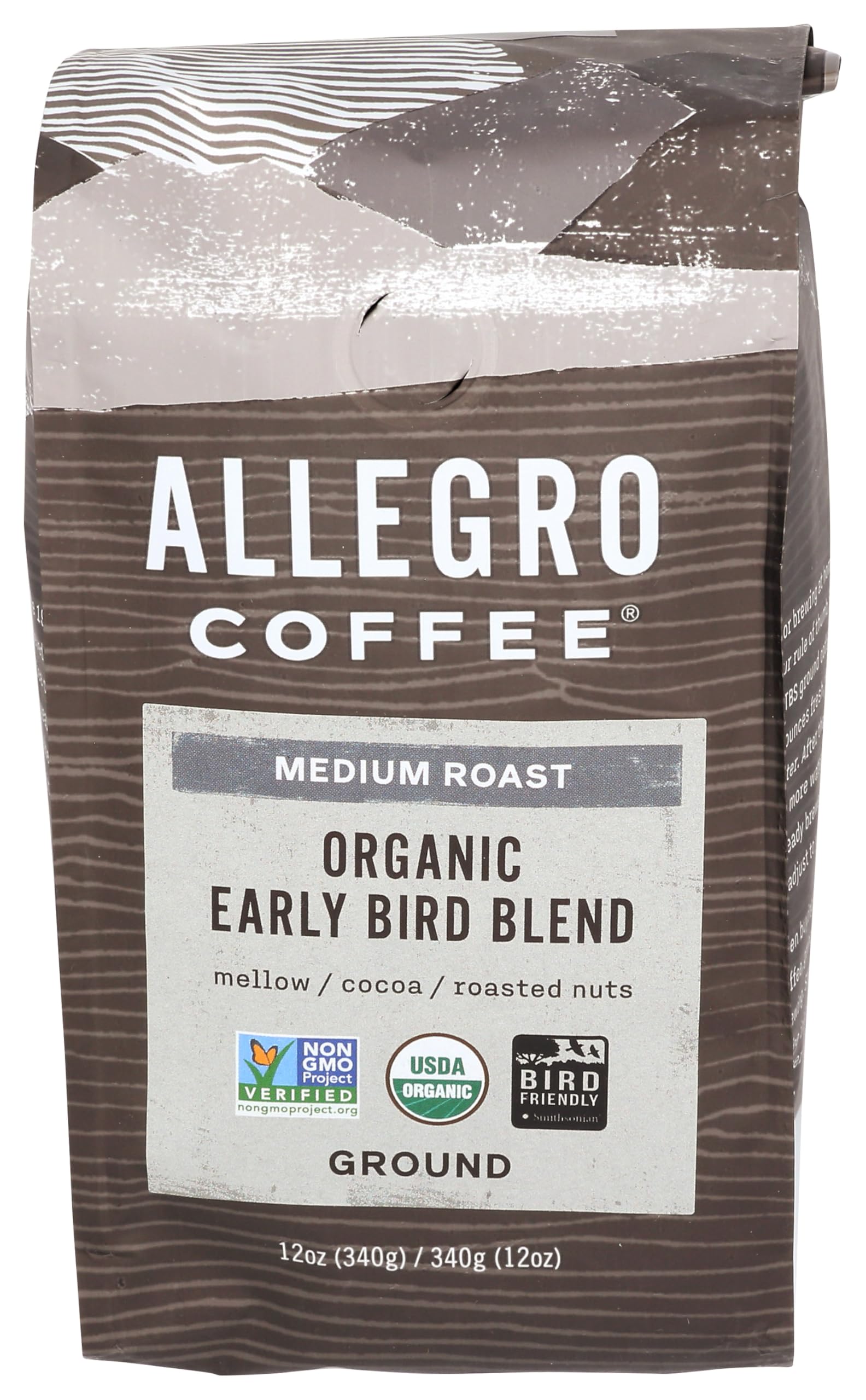 Allegro Coffee Early Bird Ground Coffee label shows premium blend with smooth body.