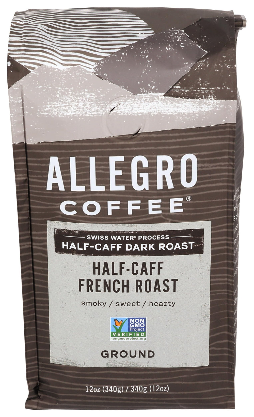 Allegro Coffee Half Caff French Roast bag front shows Swiss Water Process for smooth flavor.