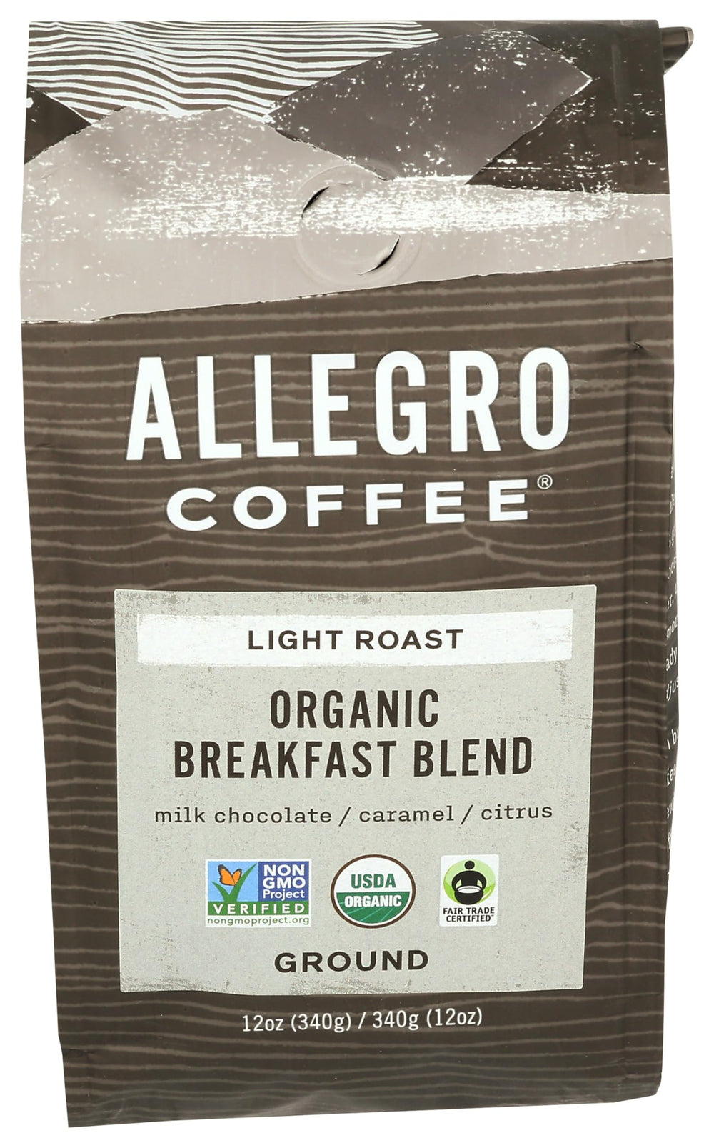 Allegro Coffee Organic Breakfast Blend ground coffee 12oz, bright citrus notes for a lively morning cup.