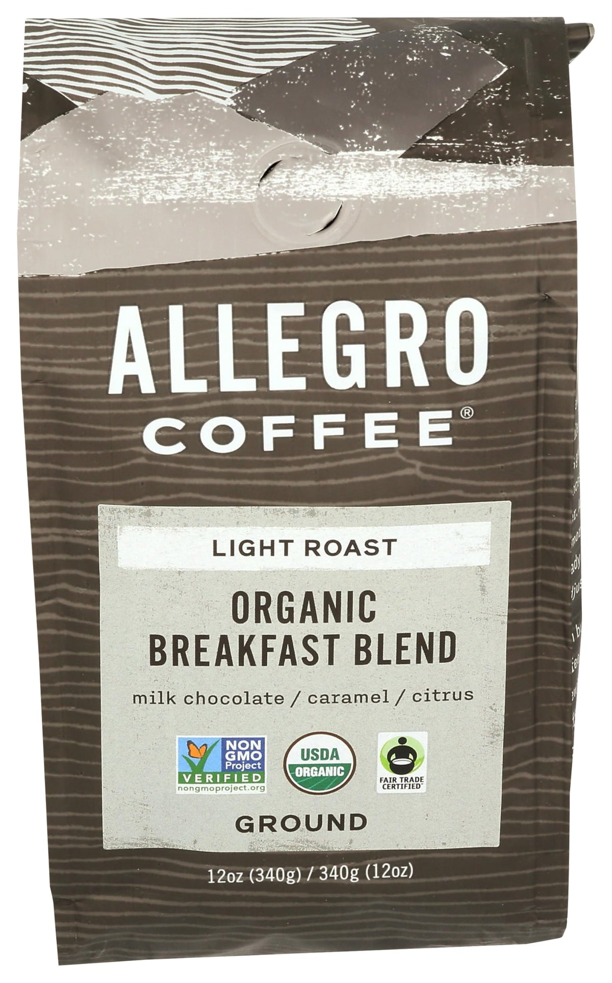 Allegro Coffee Organic Breakfast Blend ground coffee 12oz, bright citrus notes for a lively morning cup.