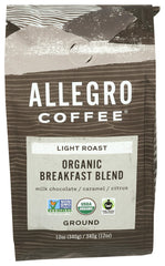 Allegro Coffee Organic Breakfast Blend ground coffee 12oz, bright citrus notes for a lively morning cup.