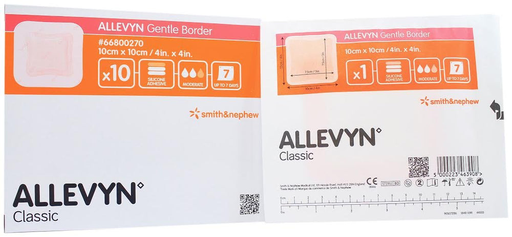 Allevyn Gentle Border dressing 4x4 in box of 10, gentle fixation and breathable protection.