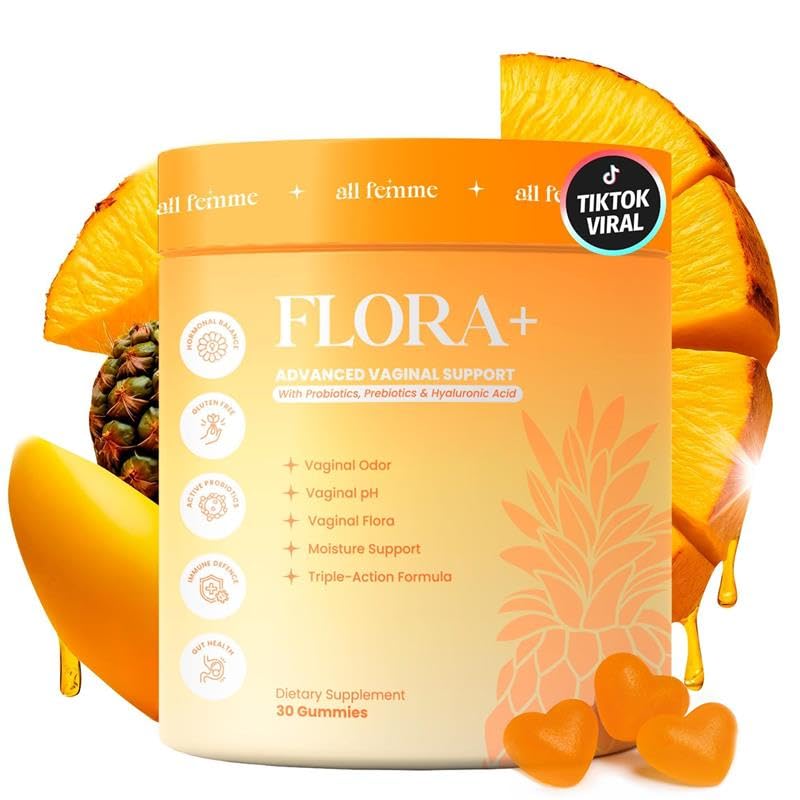 ALLFEMME Flora+ bottle of gummies for daily balance and freshness.