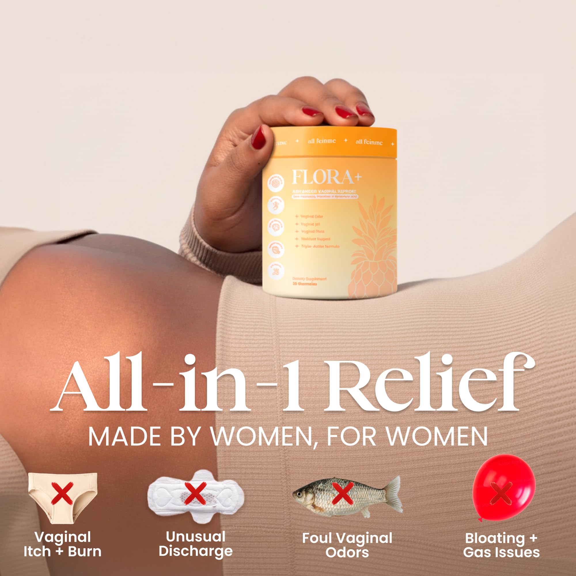 ALLFEMME Flora+ pineapple gummies highlight a sugar-free, vegan formula.