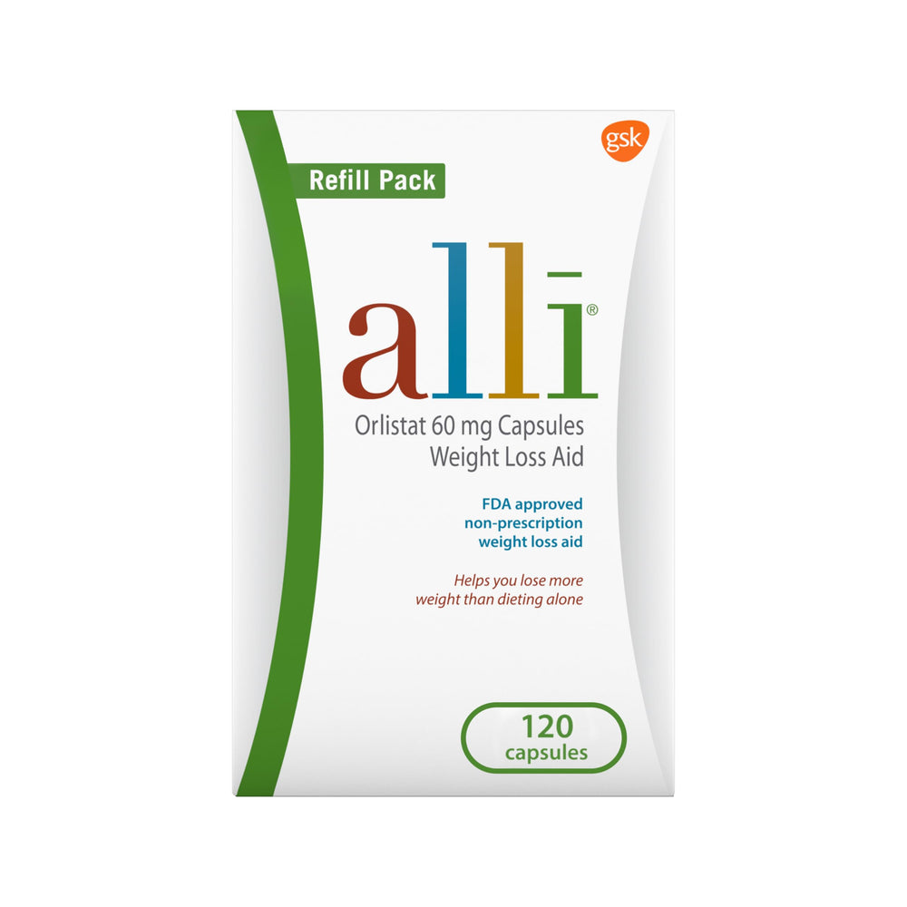 Alli bottle closeup showing 60 mg orlistat capsules for weight management
