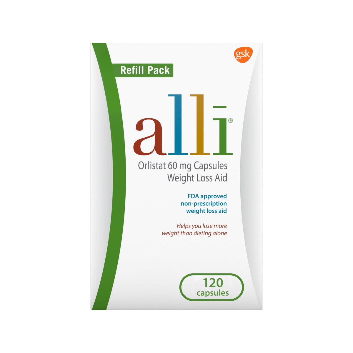 Alli bottle closeup showing 60 mg orlistat capsules for weight management