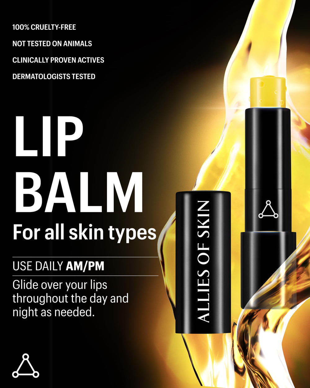 Allies of Skin lip balm on lips for a smooth, hydrated look.