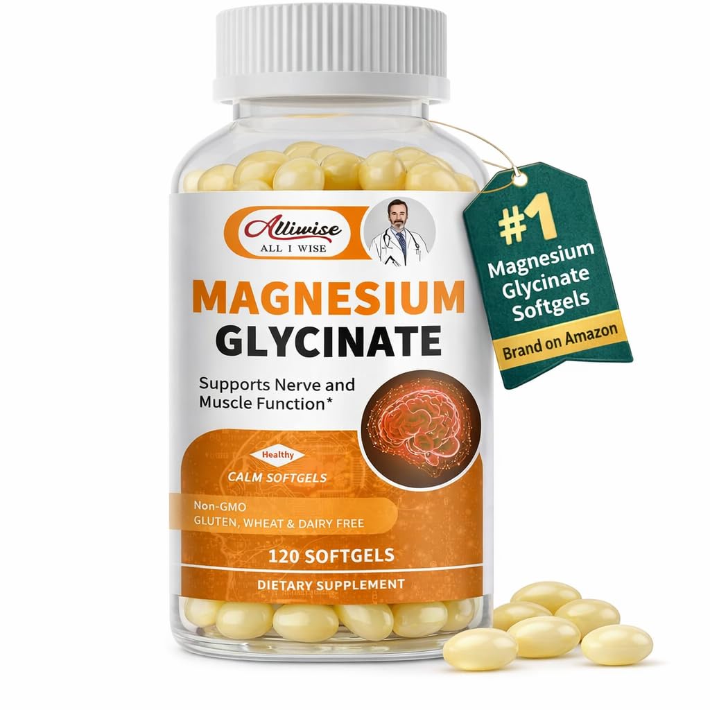 Alliwise magnesium glycinate softgels bottle on shelf for daily relaxation support