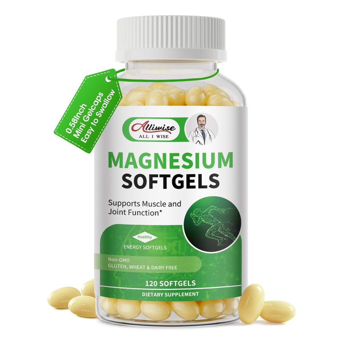 Alliwise magnesium glycinate softgels bottle, easy-to-swallow for daily wellness.