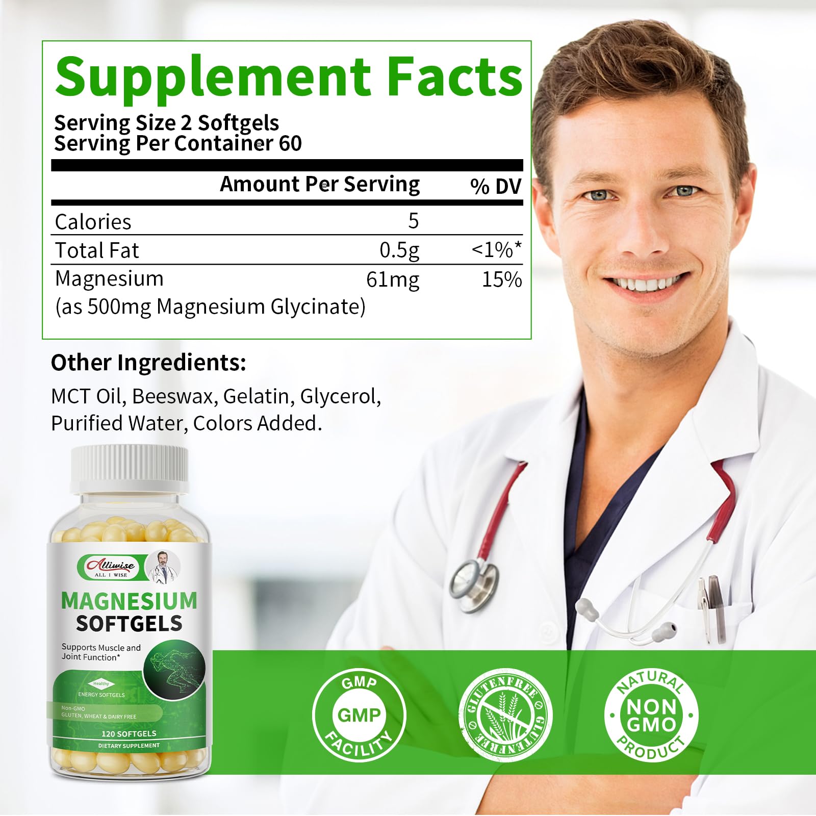 Alliwise magnesium glycinate softgels, smooth-coated capsules for easy swallowing.