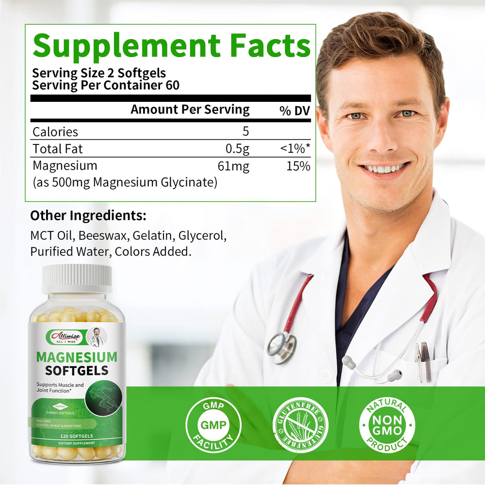 Alliwise magnesium glycinate softgels, smooth-coated capsules for easy swallowing.