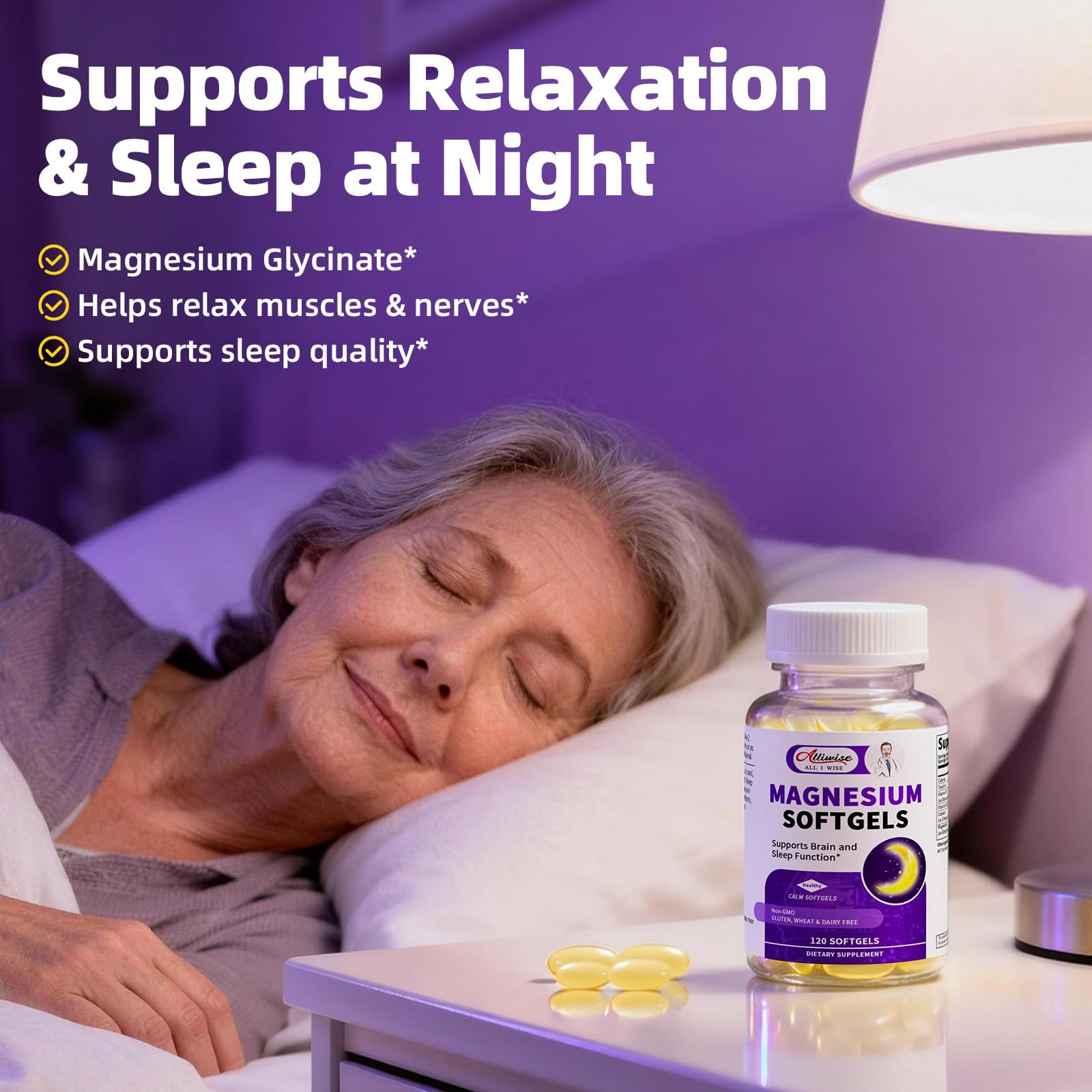 Alliwise night routine with softgels beside warm tea.