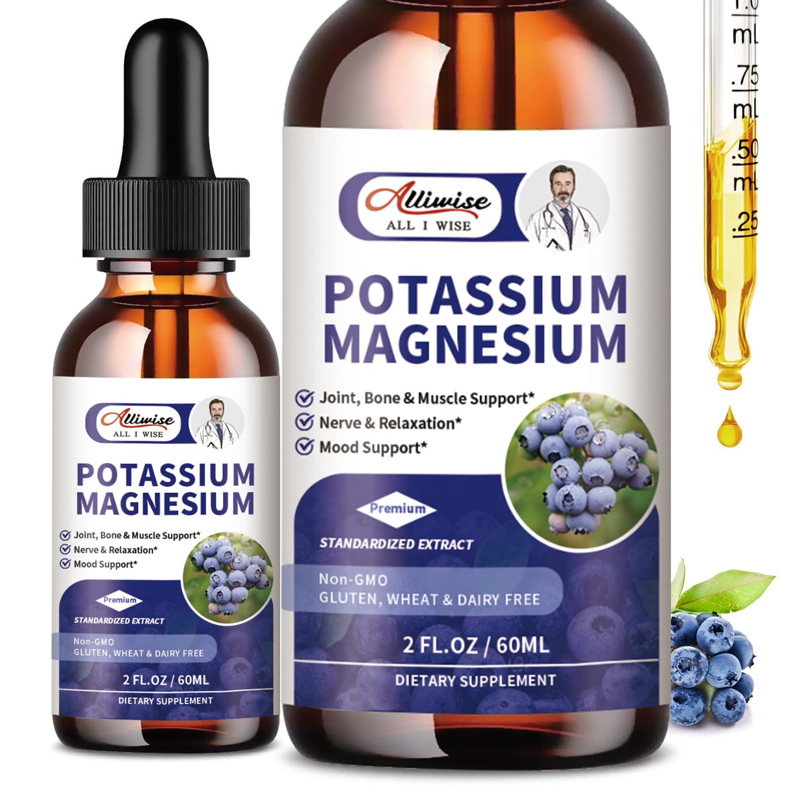Alliwise potassium magnesium drops bottle front showing blueberry flavor for daily wellness
