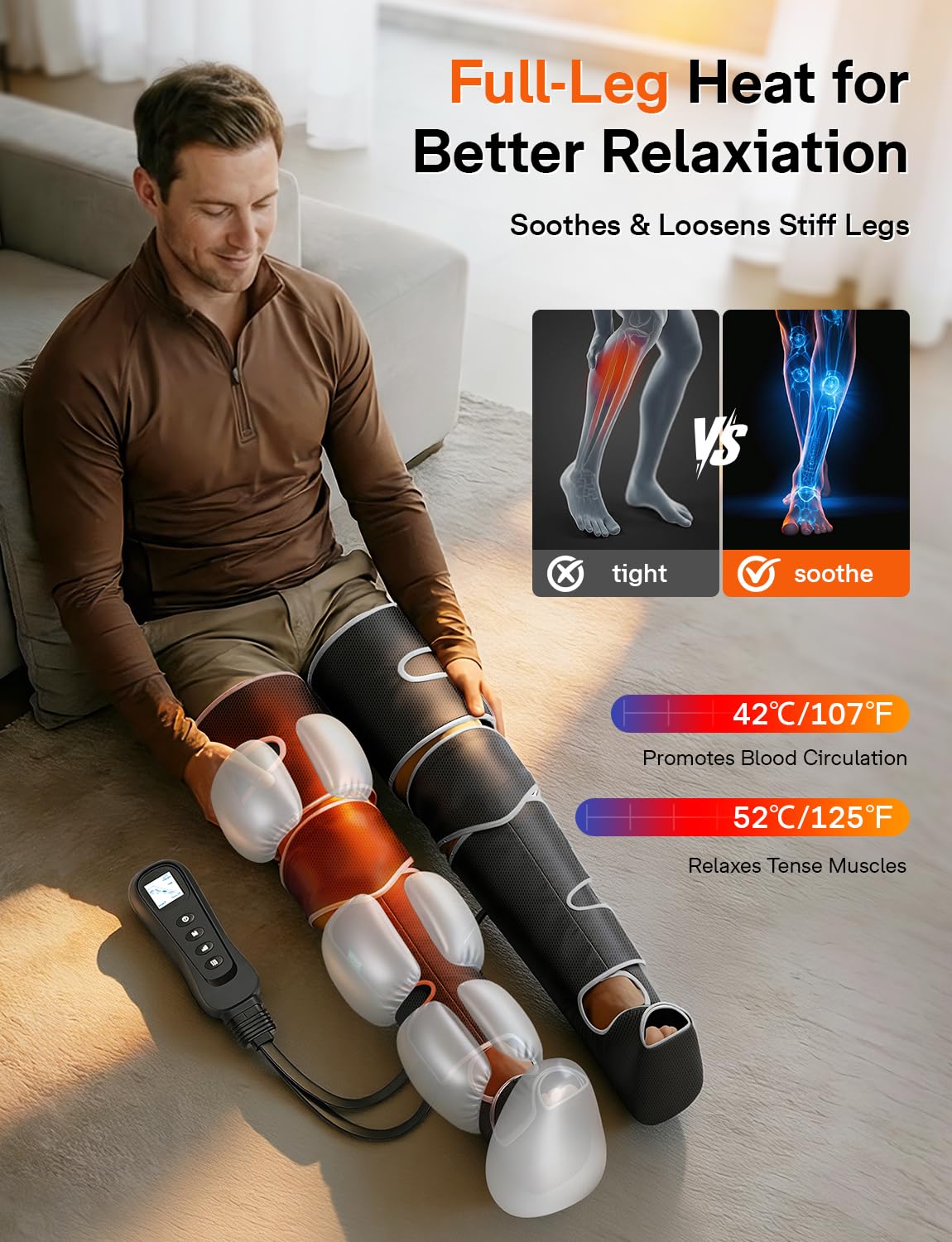ALLJOY leg massager with 2 heating levels warms feet.