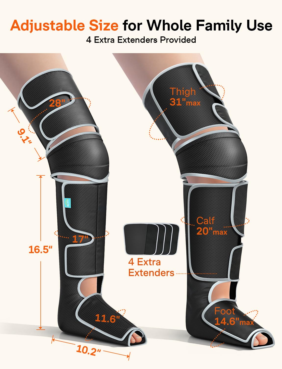 ALLJOY leg massager four extenders allow universal fit.