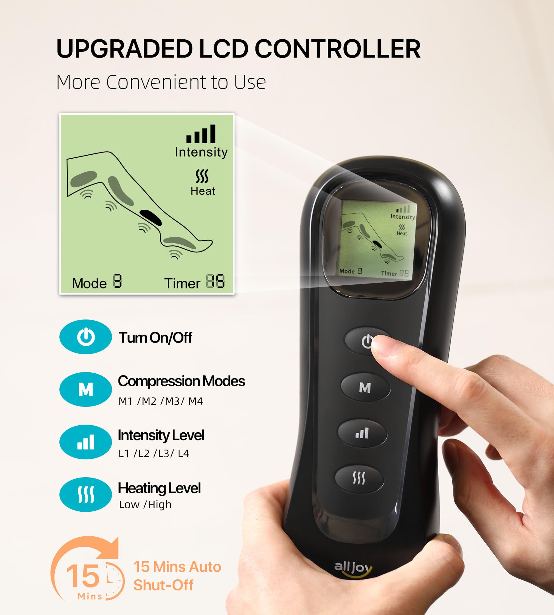 ALLJOY Leg Massager LCD controller in use for simple operation