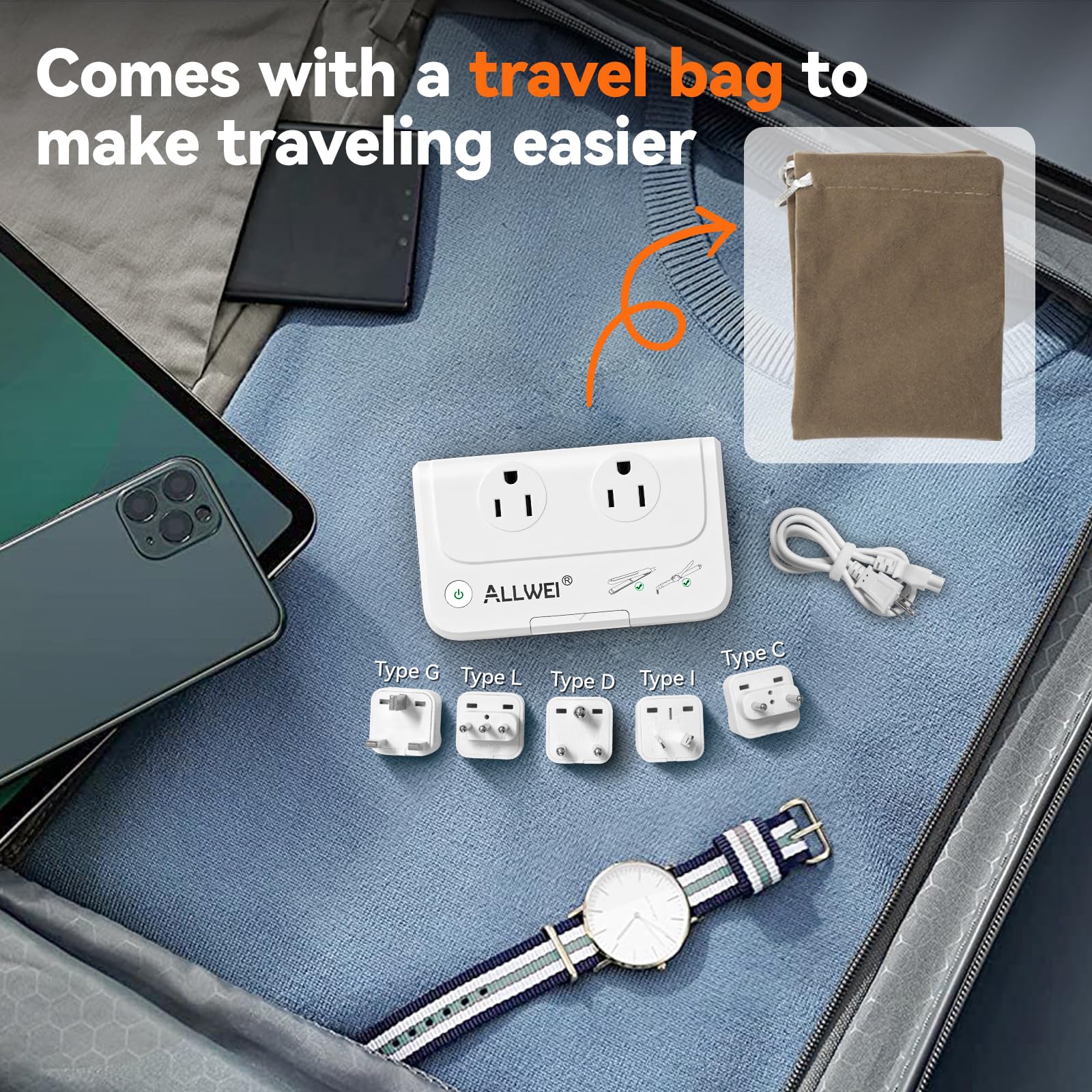 ALLWEI adapter with detachable US cable for flexible charging abroad.