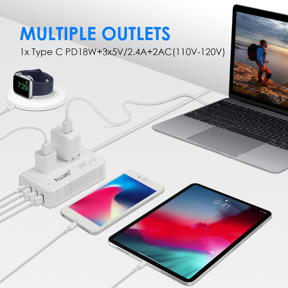 ALLWEI travel kit displays included cables and international adapters.