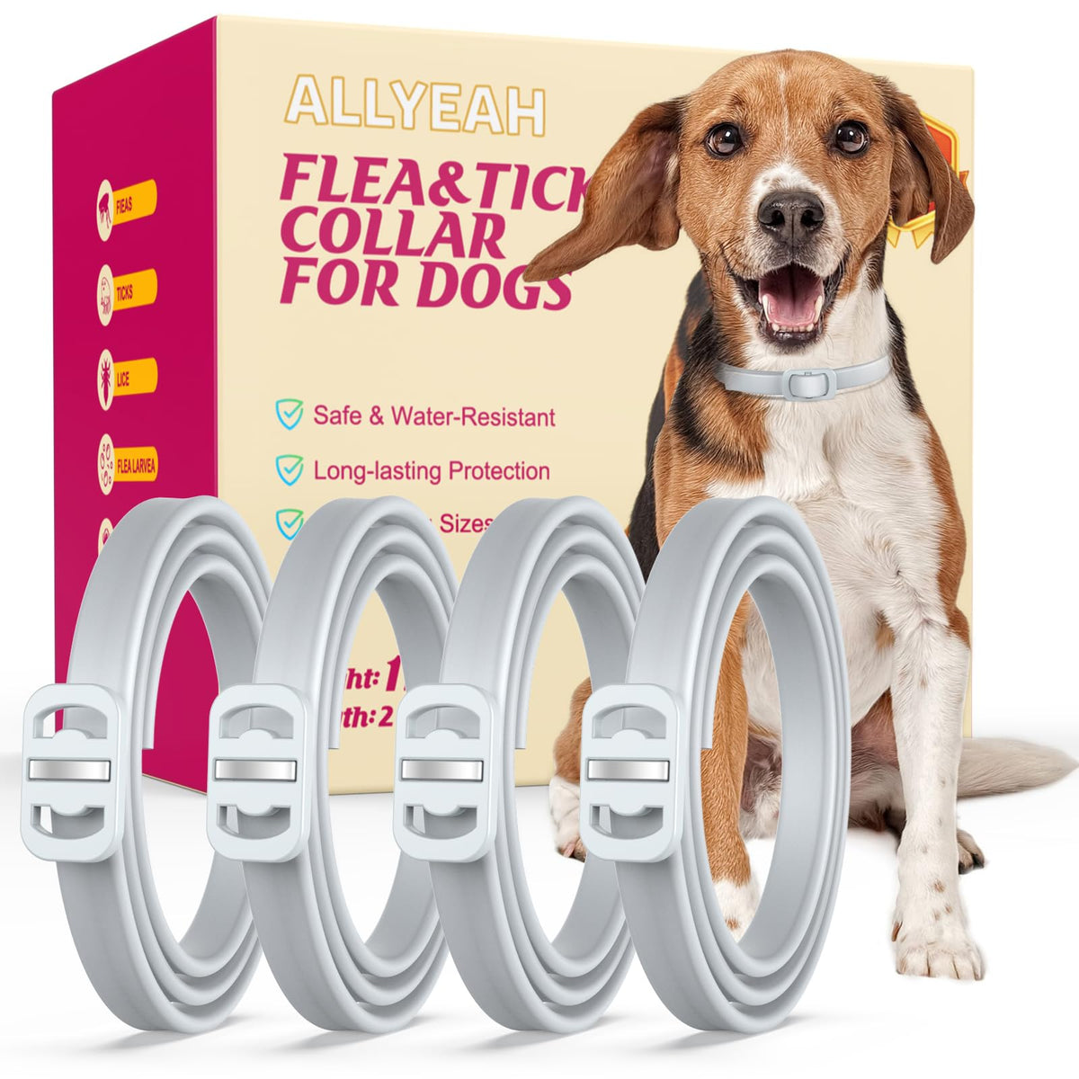 Allyeah natural flea and tick collar packaging showcases a 4-pack for easy home use