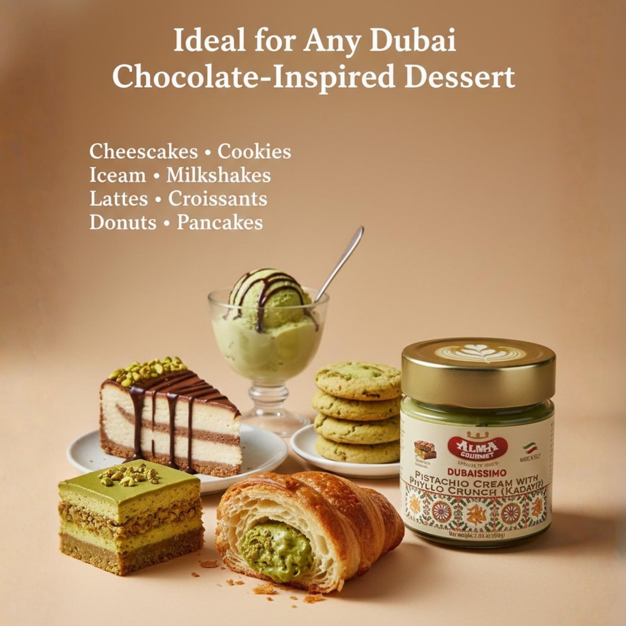 Alma Gourmet Dubaissimo pistachio cream bottle product shot, versatile for desserts and beverages.