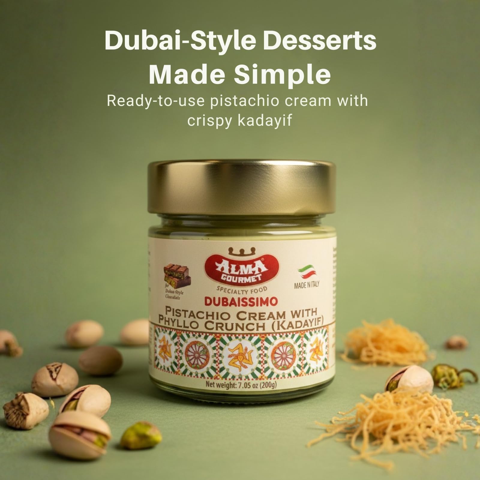 Alma Gourmet Dubaissimo pistachio cream latte serve, elevating coffee moments.