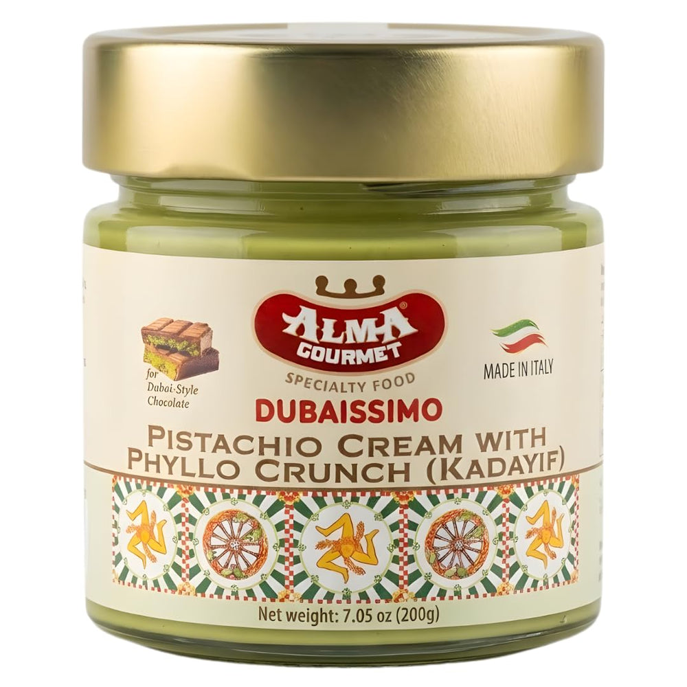 Alma Gourmet Dubaissimo pistachio cream with kadayif swirled on spread, ready-to-use deliciousness.