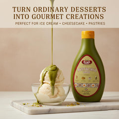 Alma Gourmet pistachio sauce on ice cream for rich topping