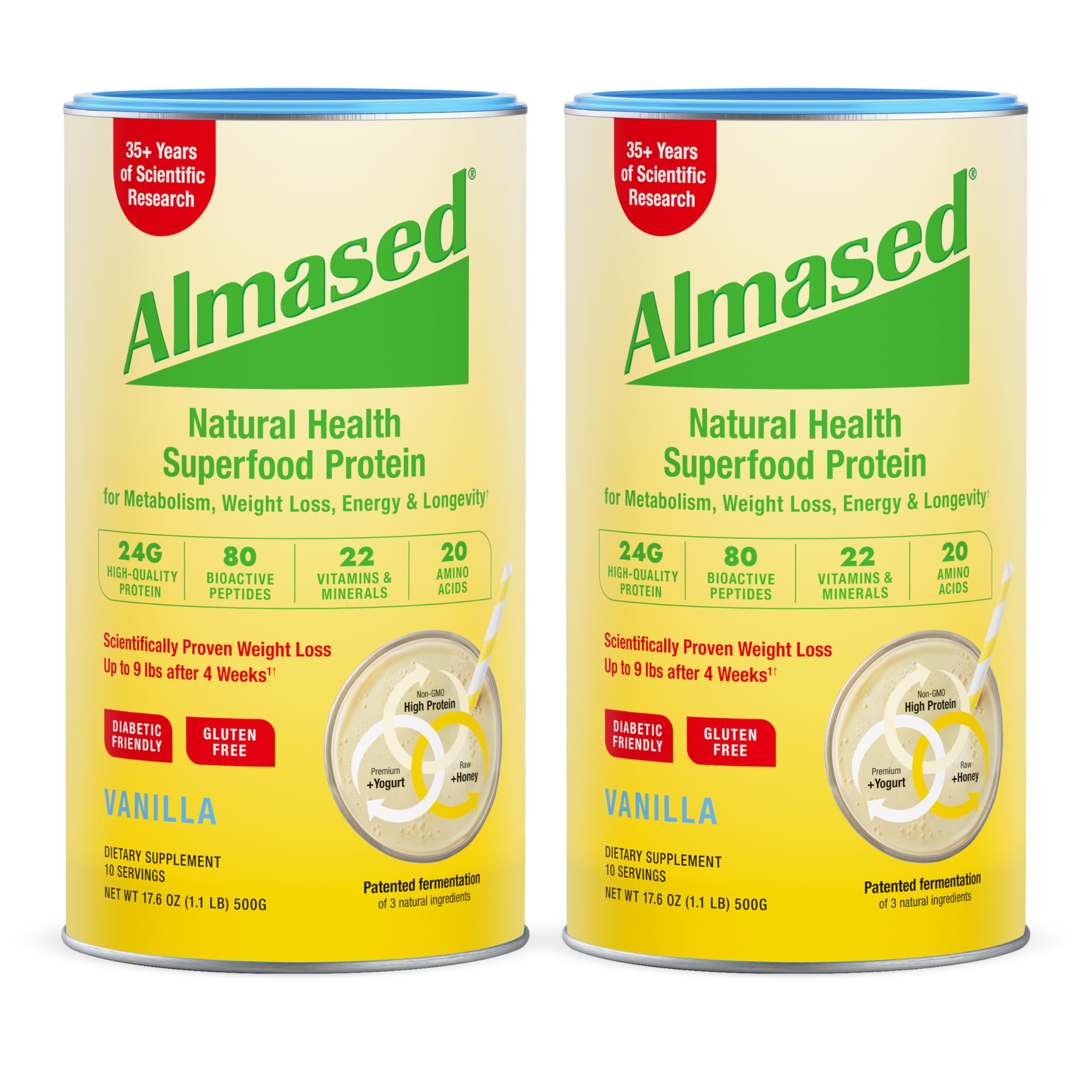 Almased vanilla meal replacement shake bottle shows convenient on-the-go nutrition.