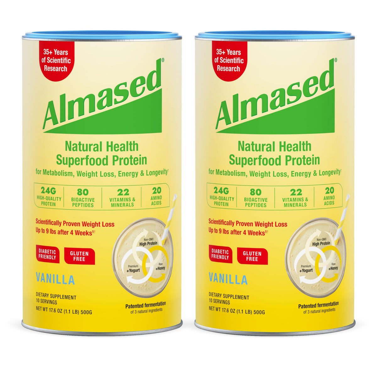 Almased vanilla meal replacement shake bottle shows convenient on-the-go nutrition.