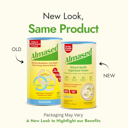 Almased vanilla powder scoop highlights precise portion control.