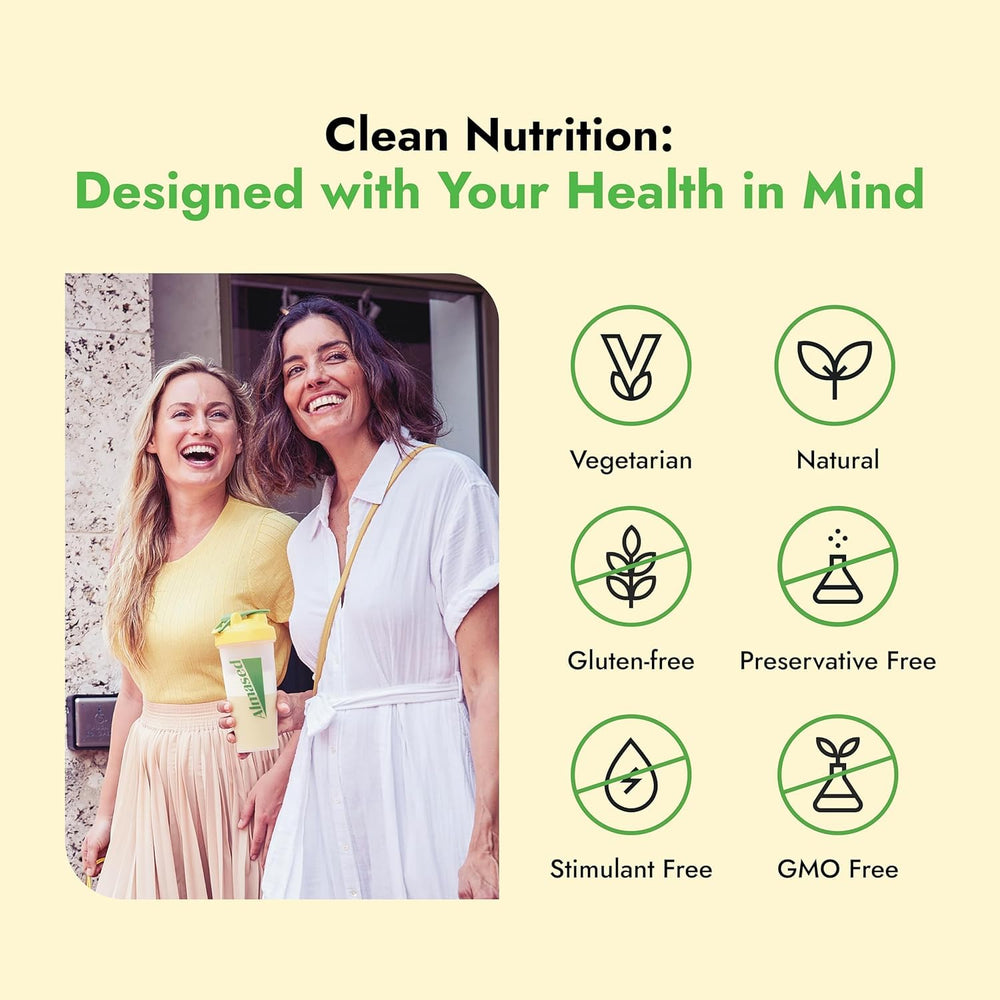 Almased Vanilla protein bottle shows supplement facts and transparent gluten-free claim.