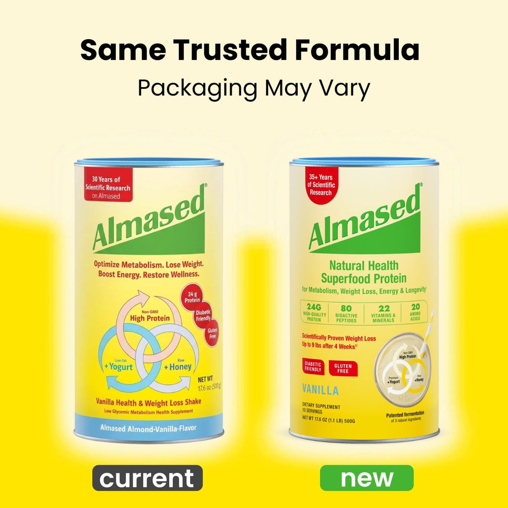 Almased Vanilla protein powder bag ready for on-the-go shakes and lean muscle support.
