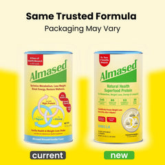 Almased Vanilla protein powder bag ready for on-the-go shakes and lean muscle support.