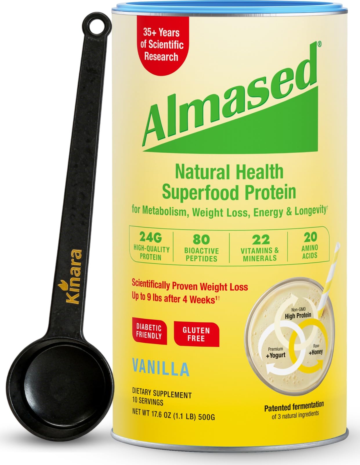 Almased Vanilla protein powder jar for a gluten-free meal replacement that may curb cravings.