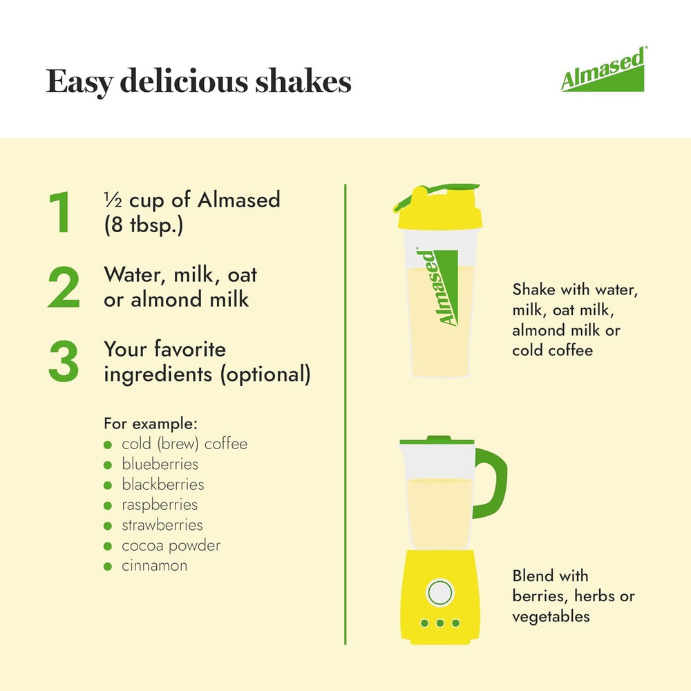 Vanilla Almased shake poured with almond milk, ideal for a quick meal.